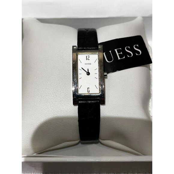 NEW GUESS SILVER TONE BLACK Leather BAND RECTANGLE WHITE DIAL WATCH in box main image 4